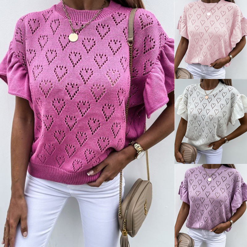 Solid Color Heart-shaped Cutout Petal-sleeved Knit Short-sleeved Sweater Top