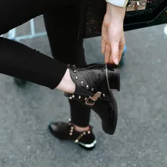 Studded Pointed Toe Ankle Boots Chunky Mid Heel - Black - View 1