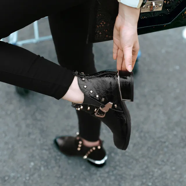 Studded Pointed Toe Ankle Boots Chunky Mid Heel Black - Shop at LoveMi