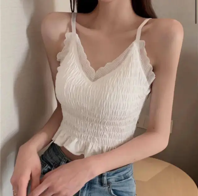 Pleated Sling, Sexy Lace, V neck, Mesh Belt, Chest Pad, Outer Wear, Wrapped Chest White - Shop at LoveMi