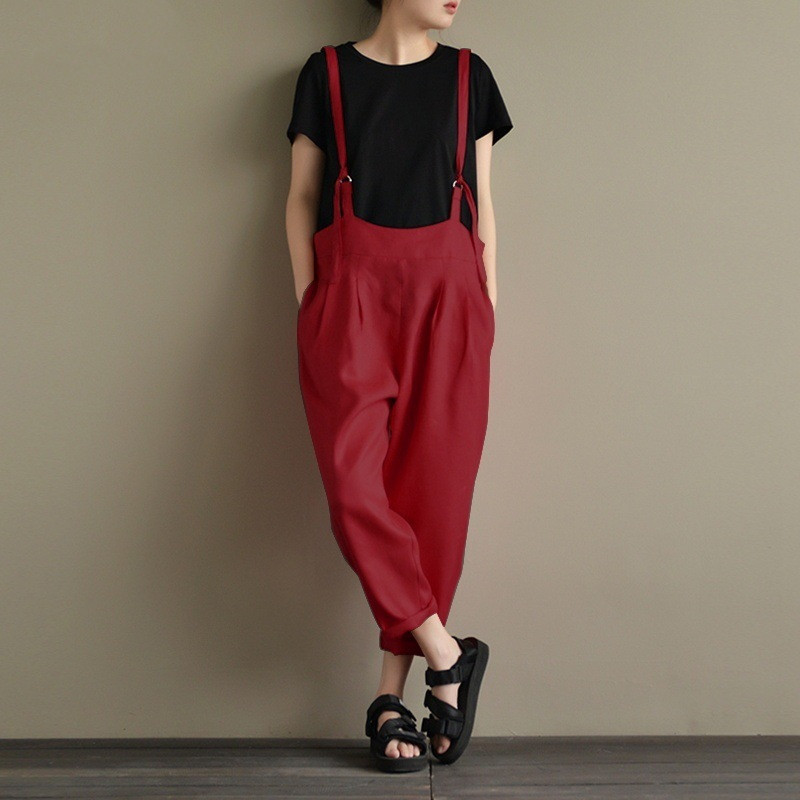 Women's Literary Retro Cotton Linen Casual Overalls Wine - Shop at LoveMi