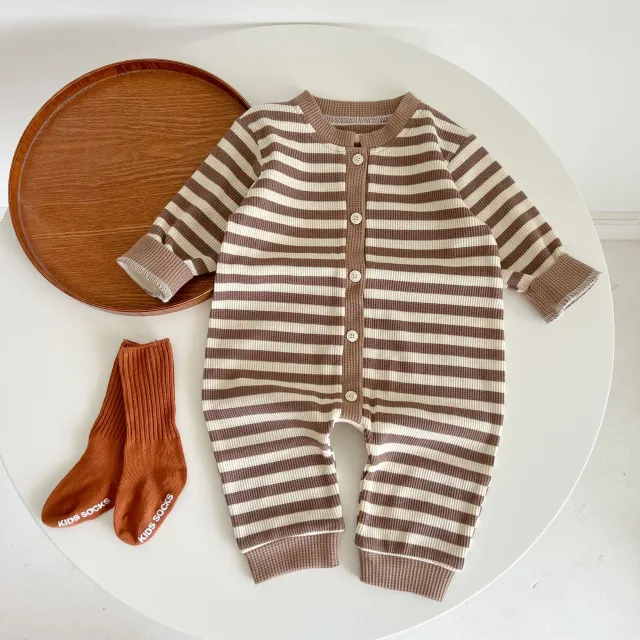 Color Block Striped Fart Romper Newborn Bodysuit Coffee - Shop at LoveMi