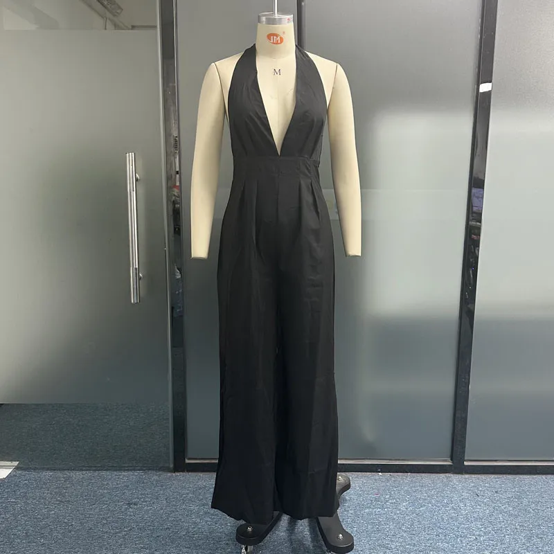 Tight Waist Wide Leg Pants Collar Halter Jumpsuit - Black