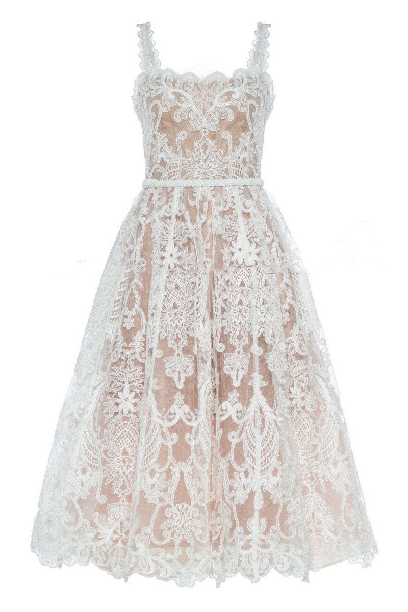 Women White Lace Midi Dress Nude Mesh Embroidered Floral Boho Sleeveless Party