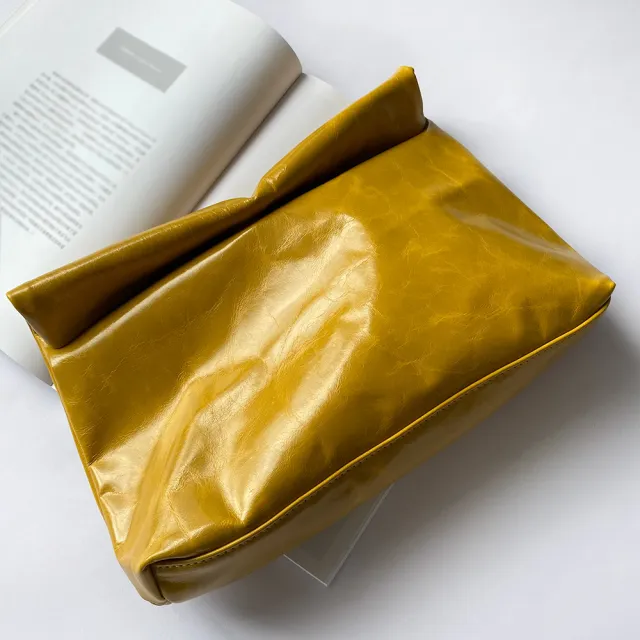 Leather Clutch Bag With Big Baguette Top Layer Leather Yellow - Shop at LoveMi