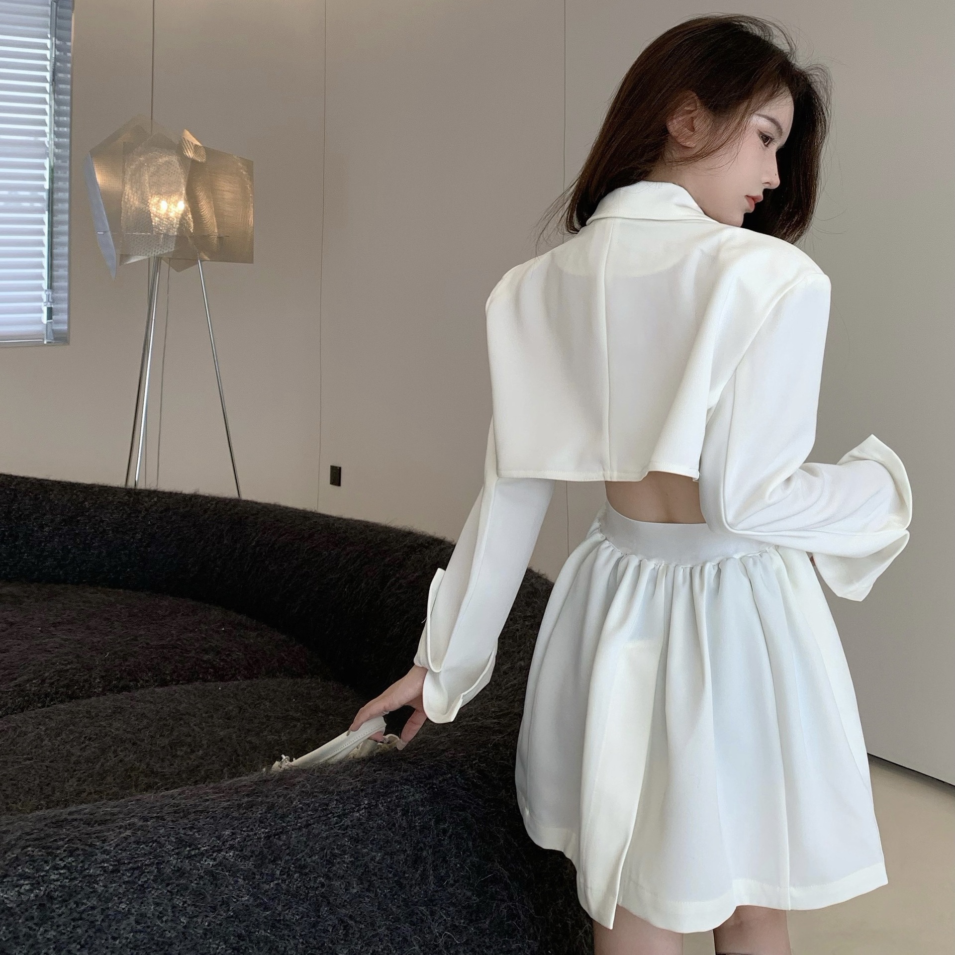 Women's Fashion Temperament Hollow Out Waistless Long Sleeve Suit Dress