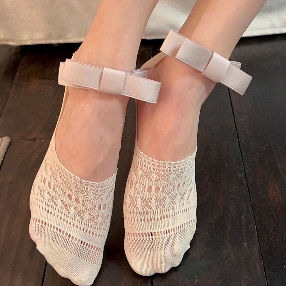 3pairs Summer Thin Bow Anti Slip Straight Butterfly Hollow Short Socks Shallow Mouth Invisible Lace Boat Socks