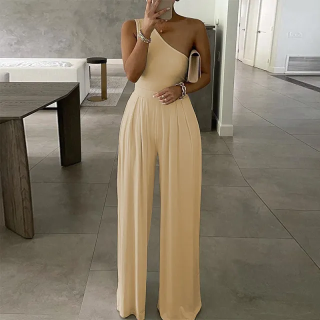 One shoulder Sleeveless Asymmetric Casual Jumpsuit Solid Color Jumpsuit Khaki - Shop at LoveMi