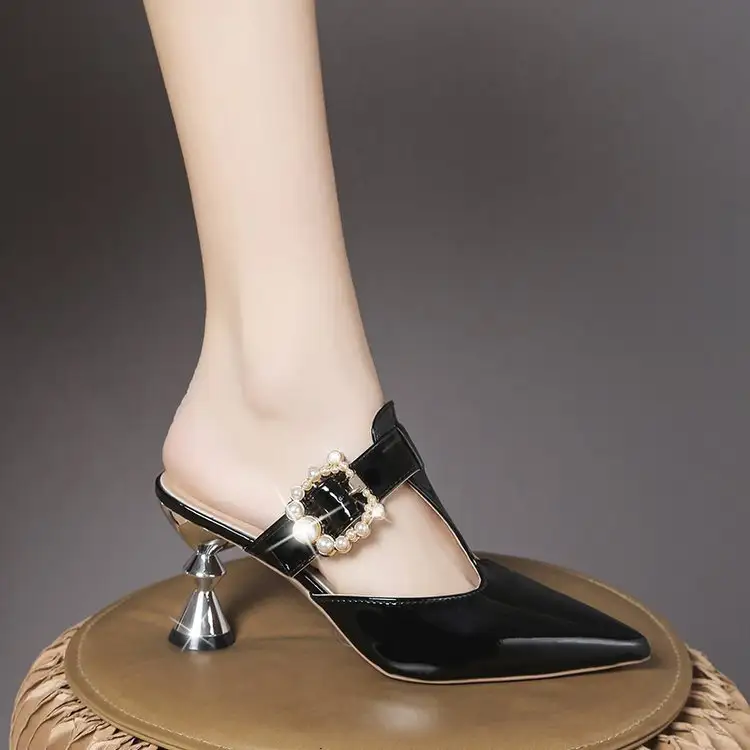 Summer Fashion Pointed-toe Slip-on High Heel Large Size Belt Pearl Round Buckle Sandals