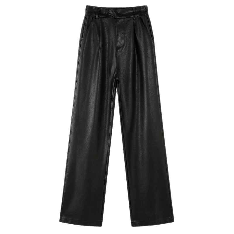 PU Washed Leather Pants Casual Straight Small Black - Shop at LoveMi