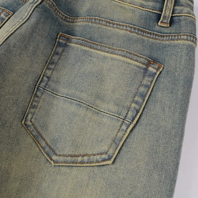 Red Printed Pleated Elastic Light Colored Jeans For Men