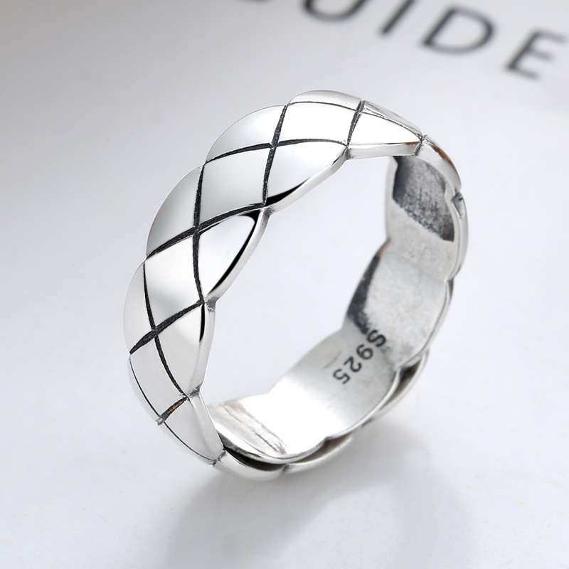 S925 Sterling Silver Ring Men's Trendy Diamond Plaid Ring Open Student Men's Personality Simple Ins Style Vintage Ring