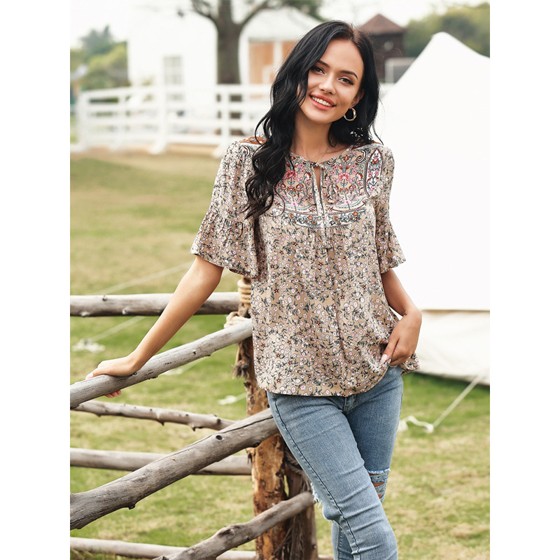 Summer Round Neck Pastoral Print Round Neck Drawstring Shirt Brown - Shop at LoveMi