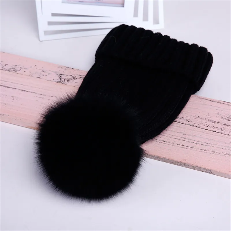 Oversized Warm Real Raccoon Fox Fur Ball Wool Hat - Black