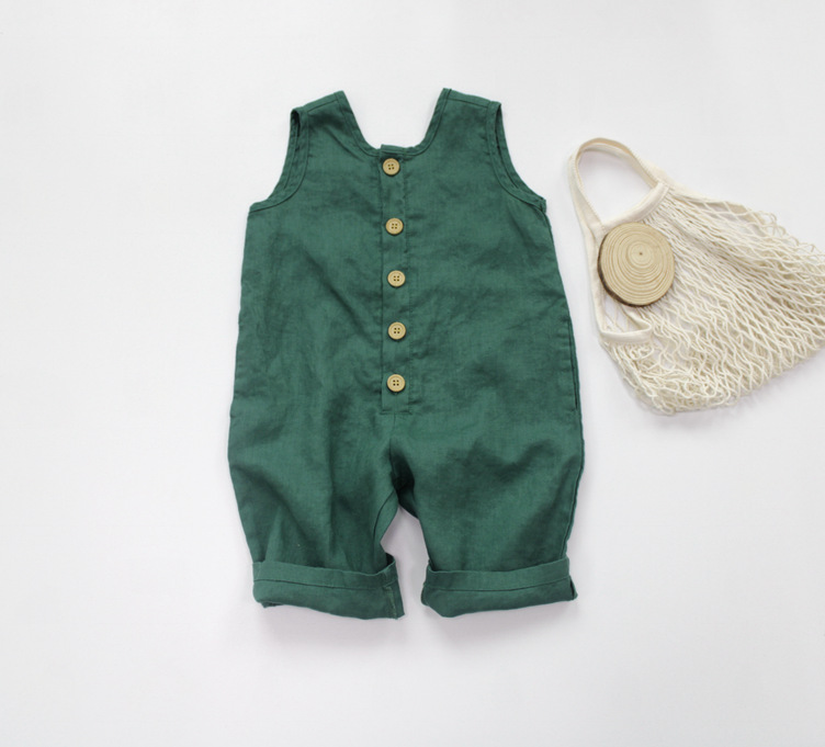 Back Slit Sleeveless One-piece Linen Seven-point Pants