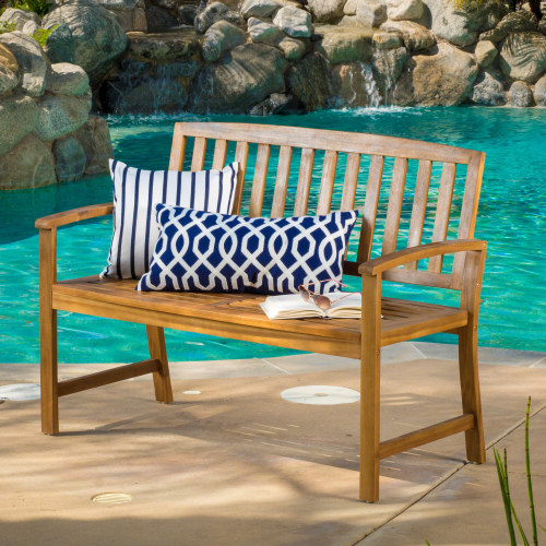 Acacia wood farmhouse stool for indoor spaces