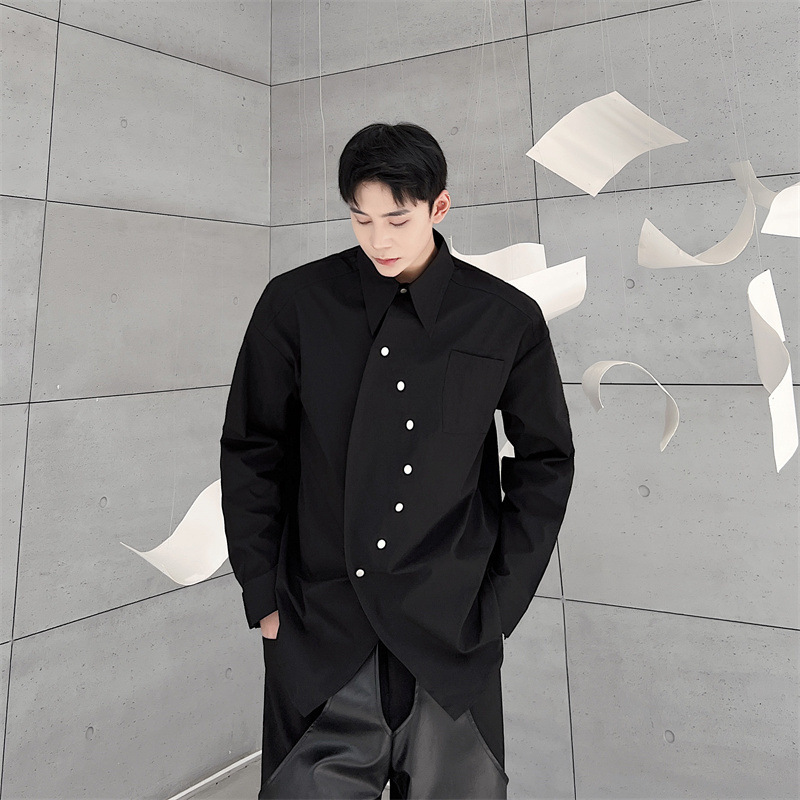 Dark Casual Shirt With Irregular Diagonal Buttons