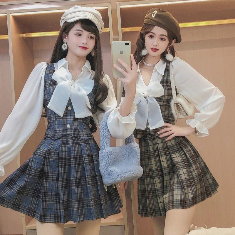 Blouse Panel Plaid Top Pleated Skirt Two Piece Set - Image 2