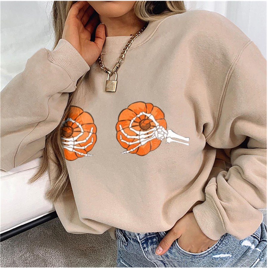 Title 4, Pumpkin round neck loose casual printing long s...