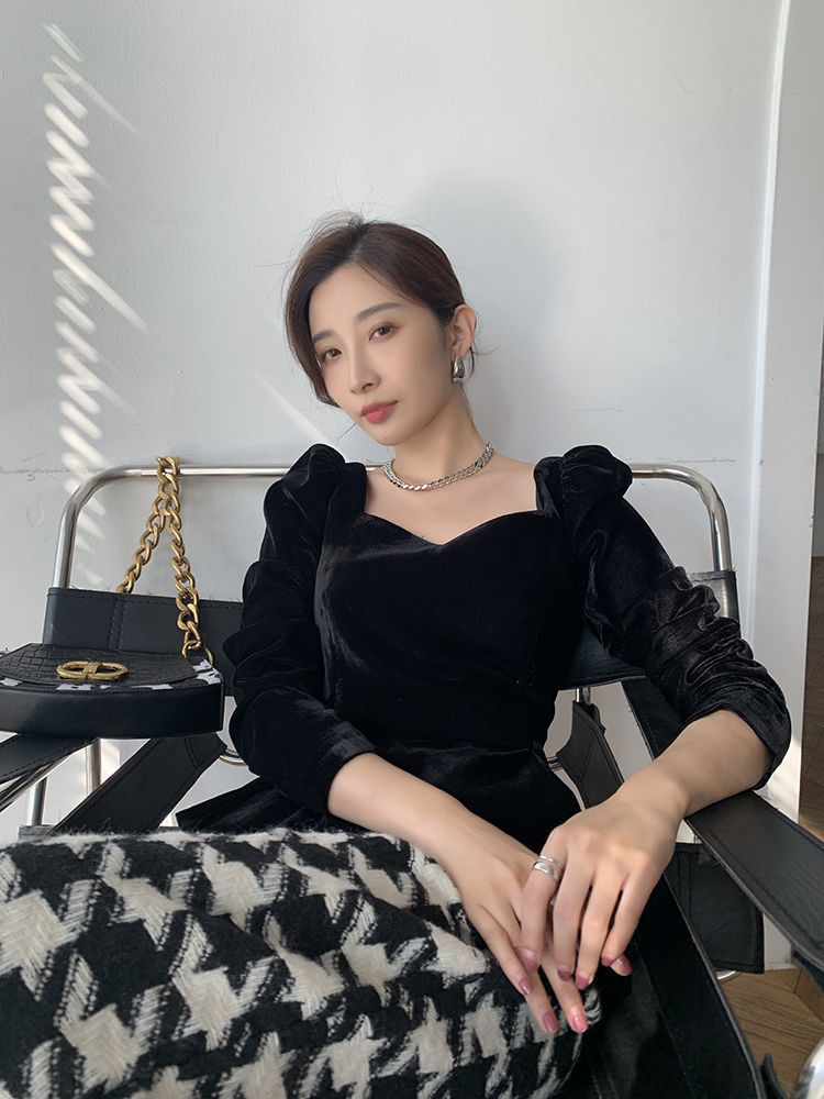 Women's French Vintage Blue Velvet Long Sleeve Shirt