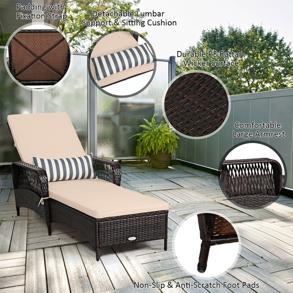 Outdoor Patio Wicker Chaise Lounge Chair With Adjustable Backrest And Pillow Of Up400lbs Foryard, Lawn, Poolside, Beach, Or Balcony
