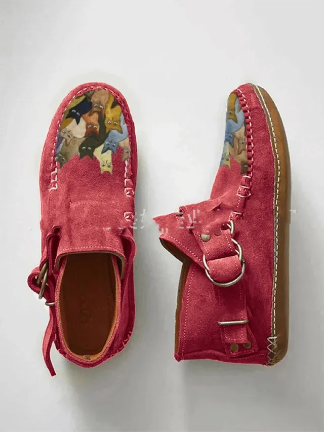 Winter New Female Comfort Cartoon Cat Print Leather Button Casual Flat Ankle Boots 6 Purple Red - Shop at LoveMi