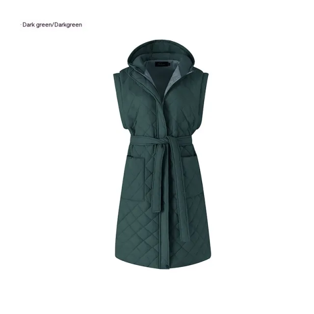 Thin Hood Cotton padded Women's Vest Slim fit Mid length Dark Green - Shop at LoveMi