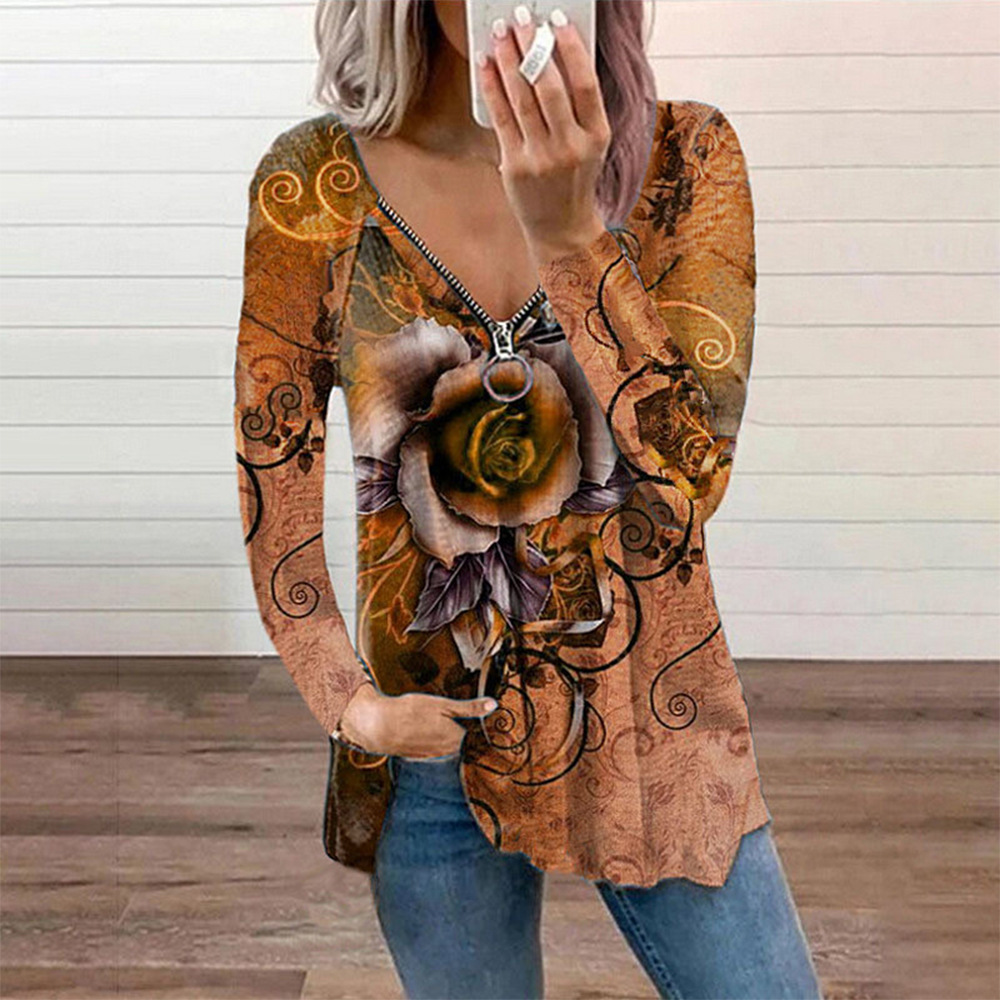 Title 5, Fashion Print V-Neck Long Sleeve Zip Casual Loo...