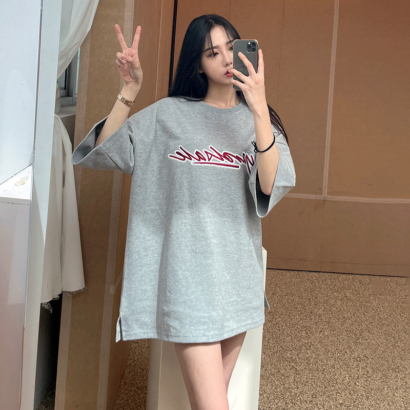 Round Neck Cotton Letter Embroidery Half Sleeve Couple T Shirt Grey - Shop at LoveMi