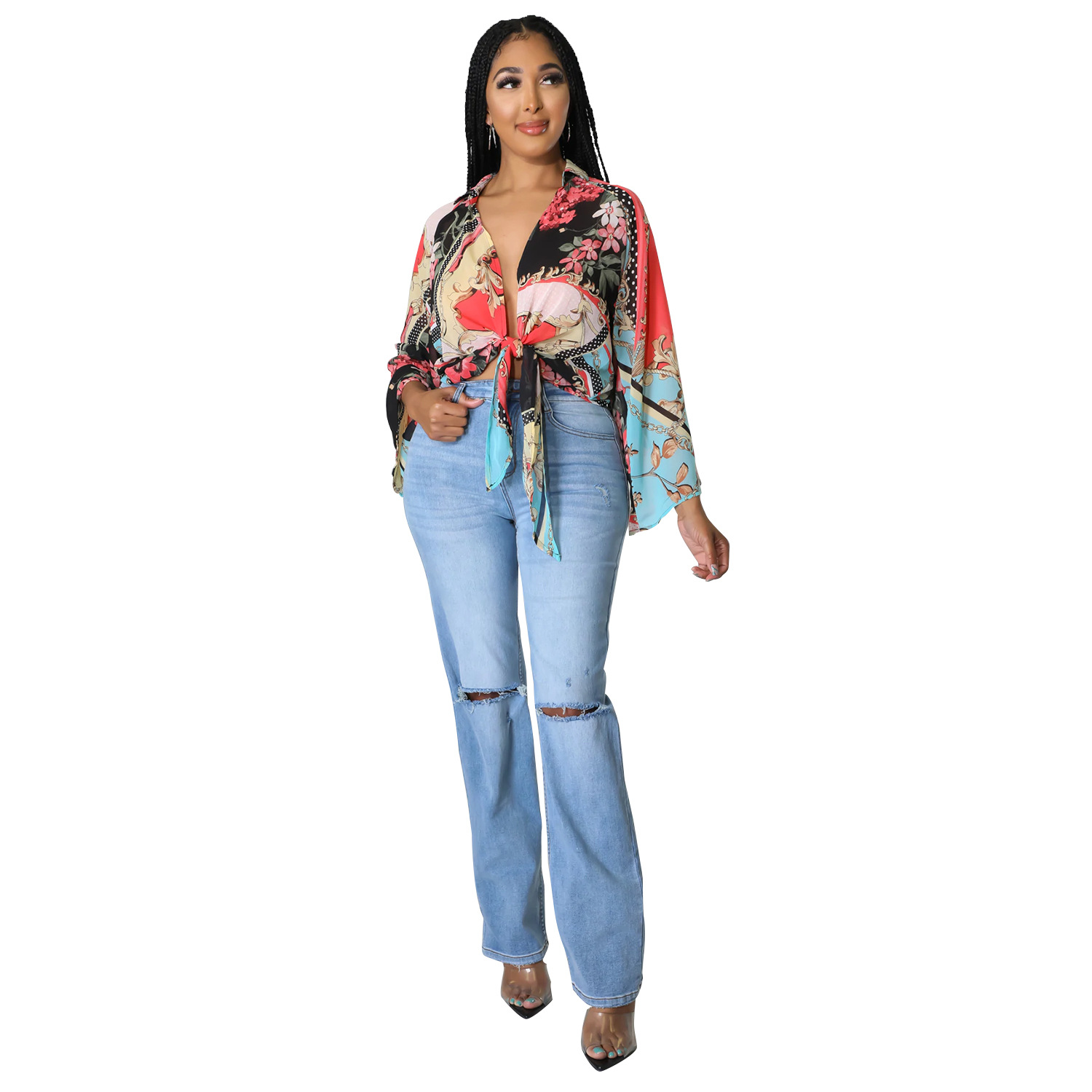 Women's Fashion Print Long Sleeve Flared Sleeve Crop Top