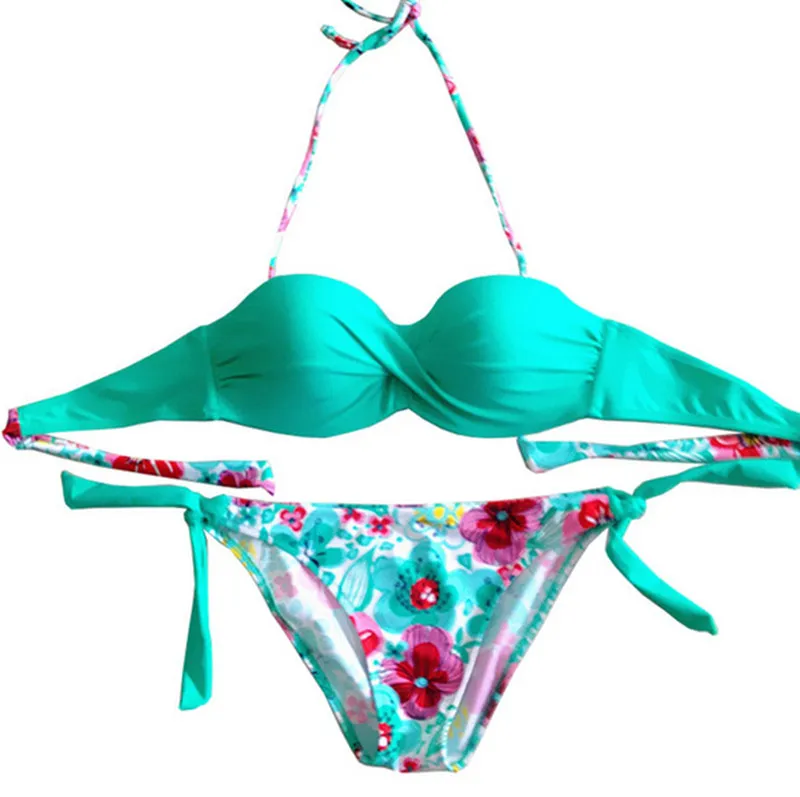 Elegant Solid Colour Temperament Patchwork Push Up Cross Bikini - Green