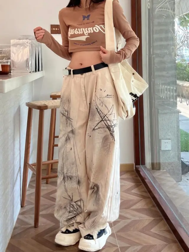 Speckle Ink Wide Leg Jeans For Women Loose High Waist Thin - Shop at LoveMi