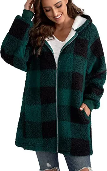 European And American Plush Women's Coat Long Sleeved Plaid Green - Shop at LoveMi