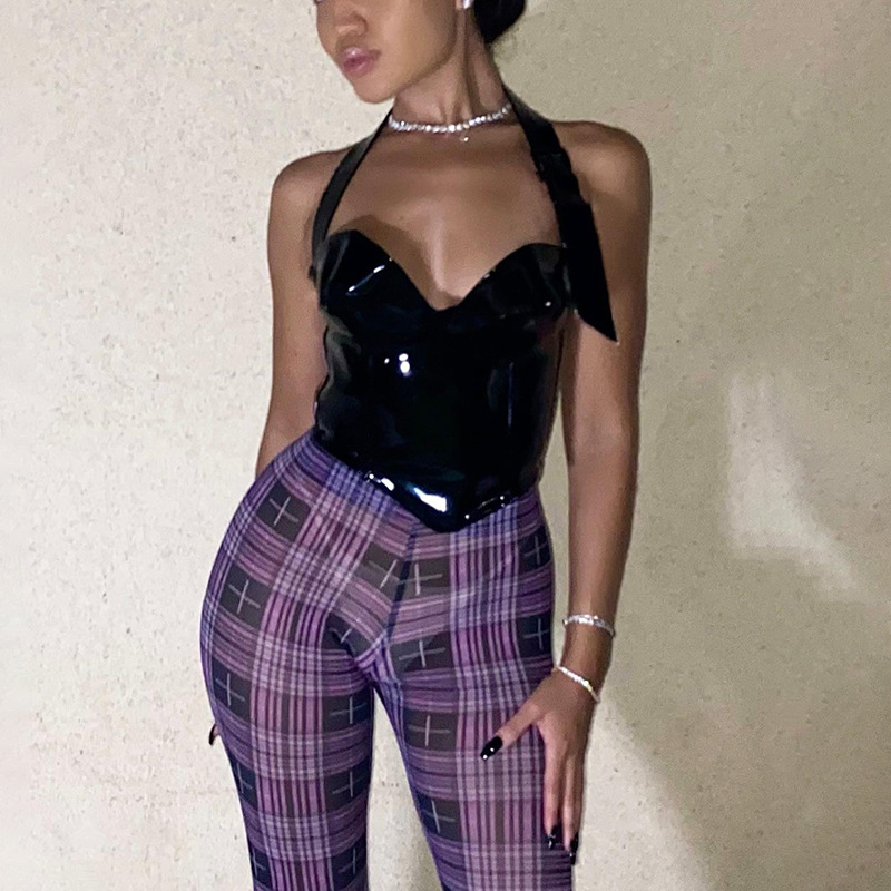 Solid Color Halter Neck Strapless PU Mirror Leather Top