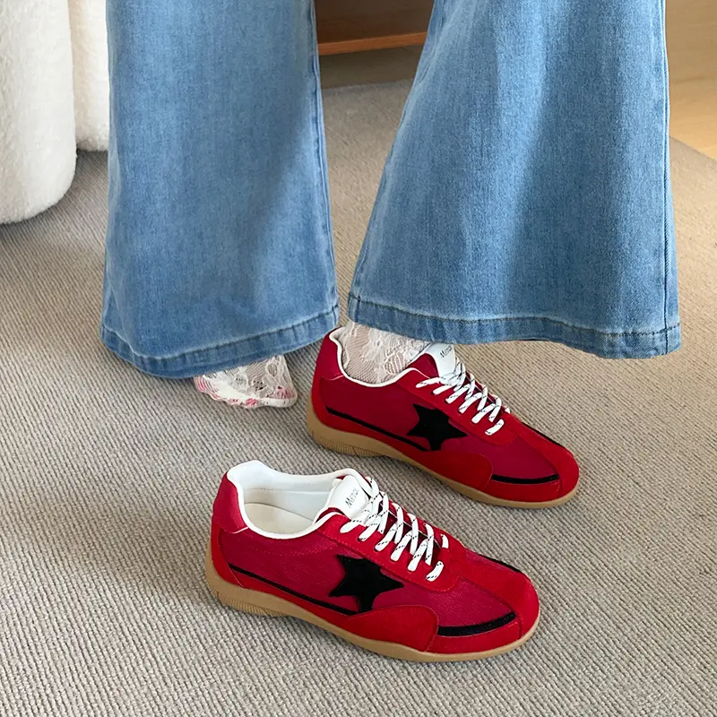 New Women Korean Style Platform Flat German Trainers, Star Decor Lace-Up Casual Skate Shoes For Students Outdoor Wear, Autumn 2026
