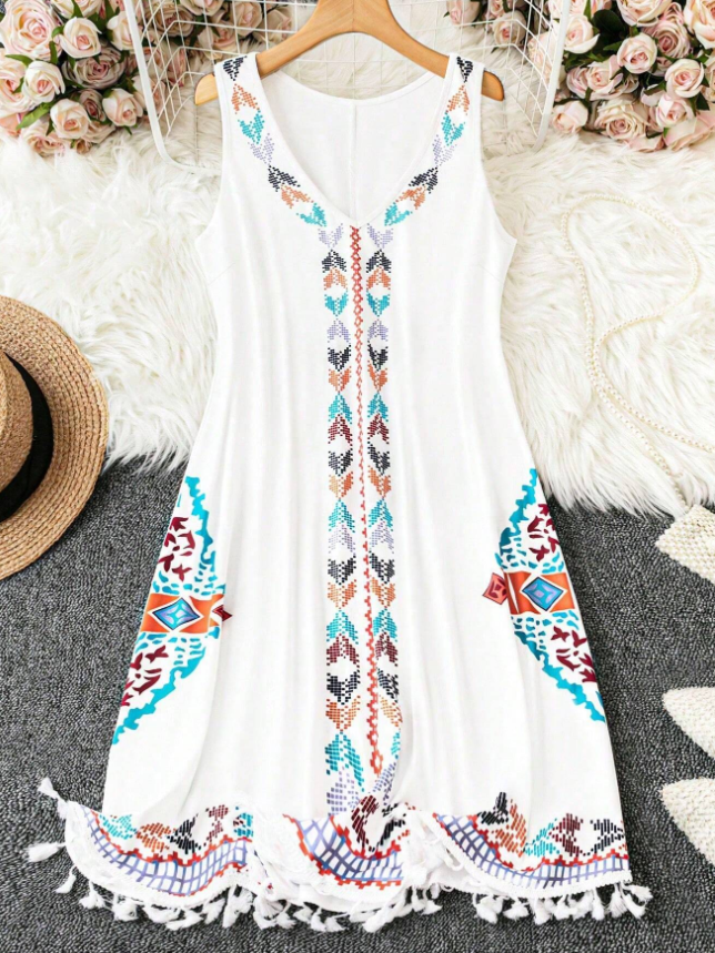 Plus Size Summer Casual Geometric Print V-Neck Fringed Hem Sleeveless Dress