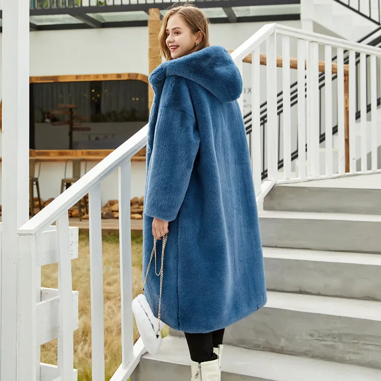 Women's Faux Fur Long Hooded Faux Rabbit Plush Jacket - Blue