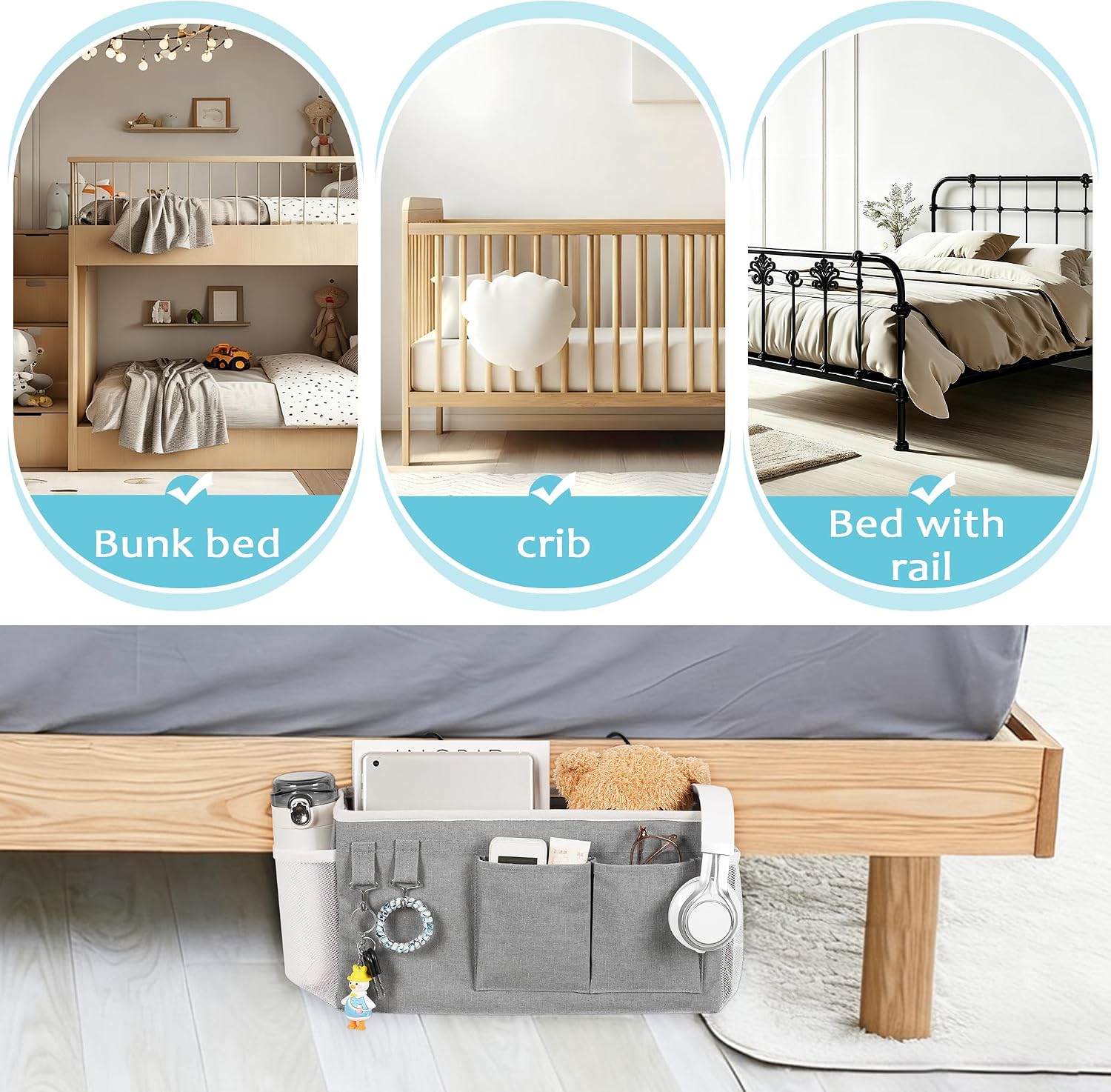 Bedside Caddy, Hanging Storage Bag Organizer For Bunk Bed, Dorm Room And Bed Rail, Space Saving Holder For Essentials 3