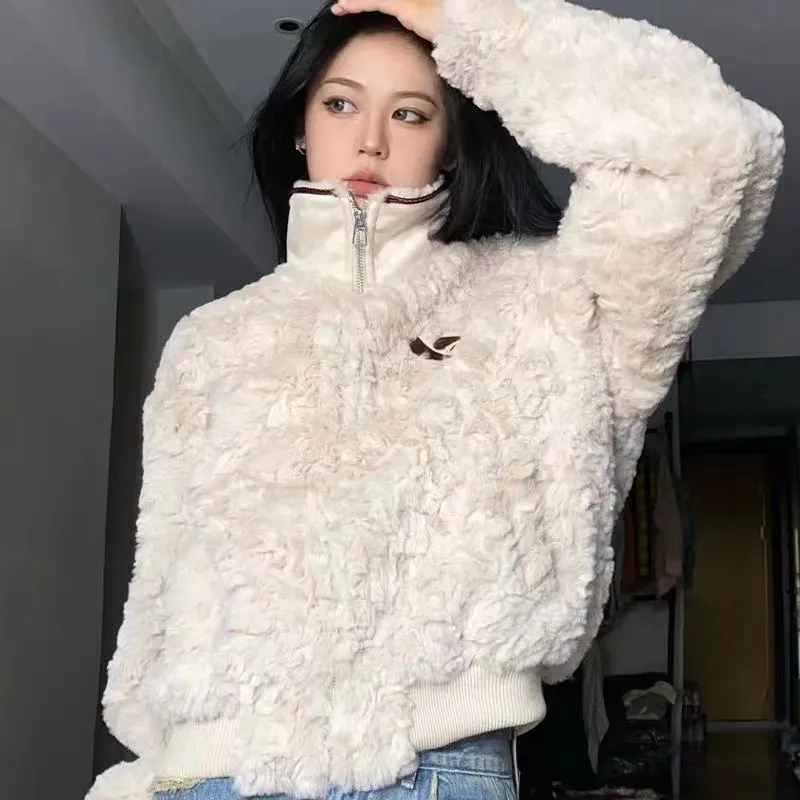 Ladies Vintage Embroidered Rabbit Cashmere Cropped Lamb Coat - Beige