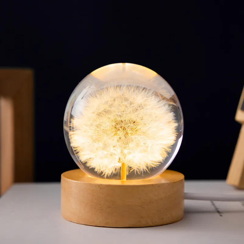 Luminous 3D Dandelion Crystal Ball Beech Wood Stand Base Preserved Flower Sphere Ball Desktop Ornaments Bithday Christmas Gifts – image 5
