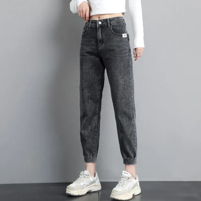 Women Streetwear Ankle Banded Jeans Korean Fashion Baggy Black - Shop at LoveMi