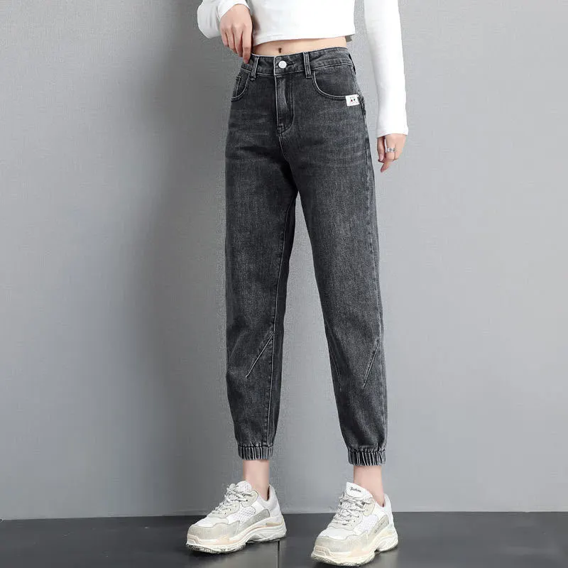 Women Streetwear Ankle Banded Jeans Korean Fashion Baggy - Black