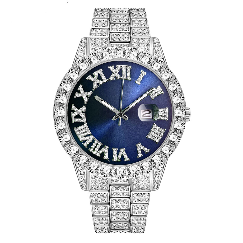 Steel Band Quartz Watch Full Diamond With Calendar