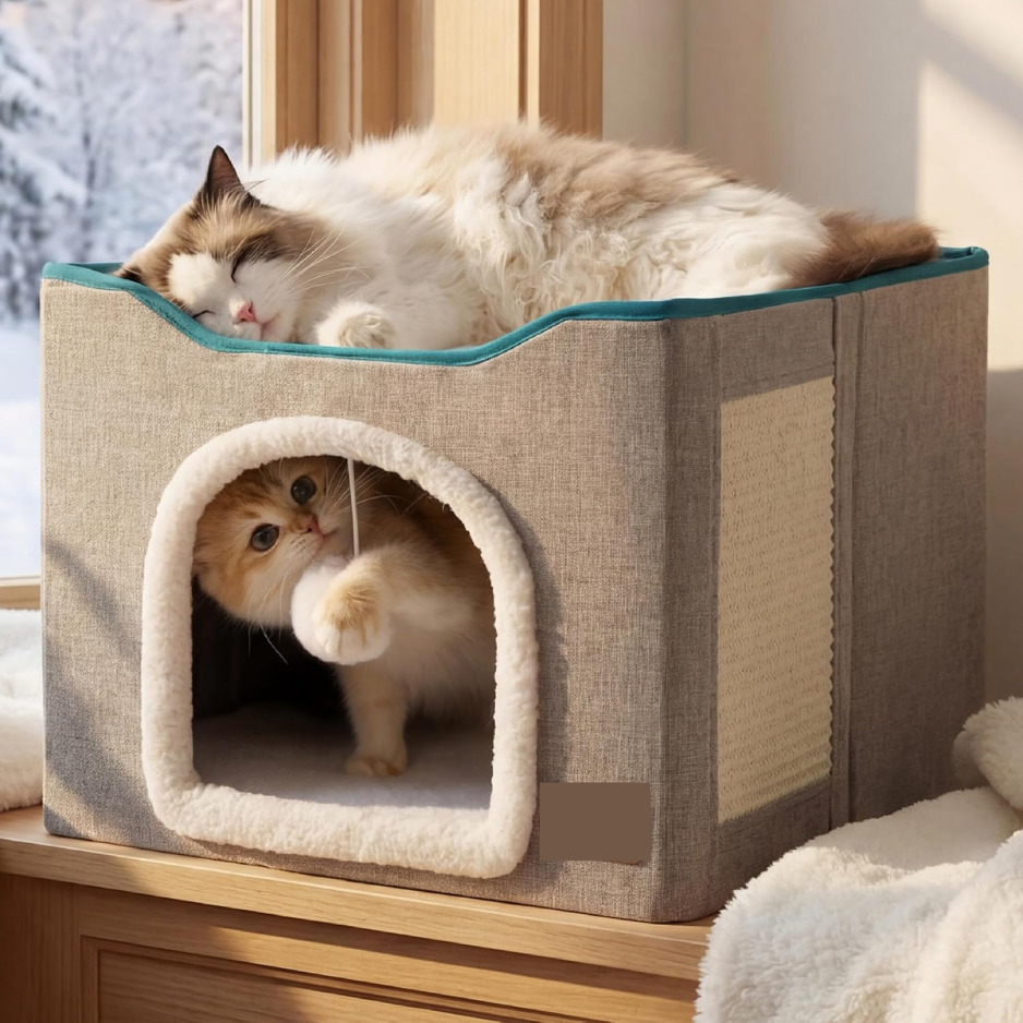 Cat House Bed For Indoor Cats With Fluffy Ball And Scratch Pad,Grey 16.5x16.5x13 In,Large Cat Cave For Multiple Pets,Foldable Cat Hideway Cube