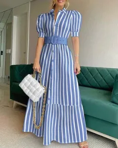 Temperament Commuter Long Short-sleeved Big Dress With Belt - Stripe - View 1