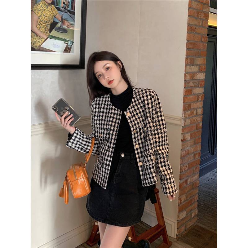 Houndstooth Coat Autumn And Winter French Retro Niche Houndstooth Coat Ladies Casual Temperament