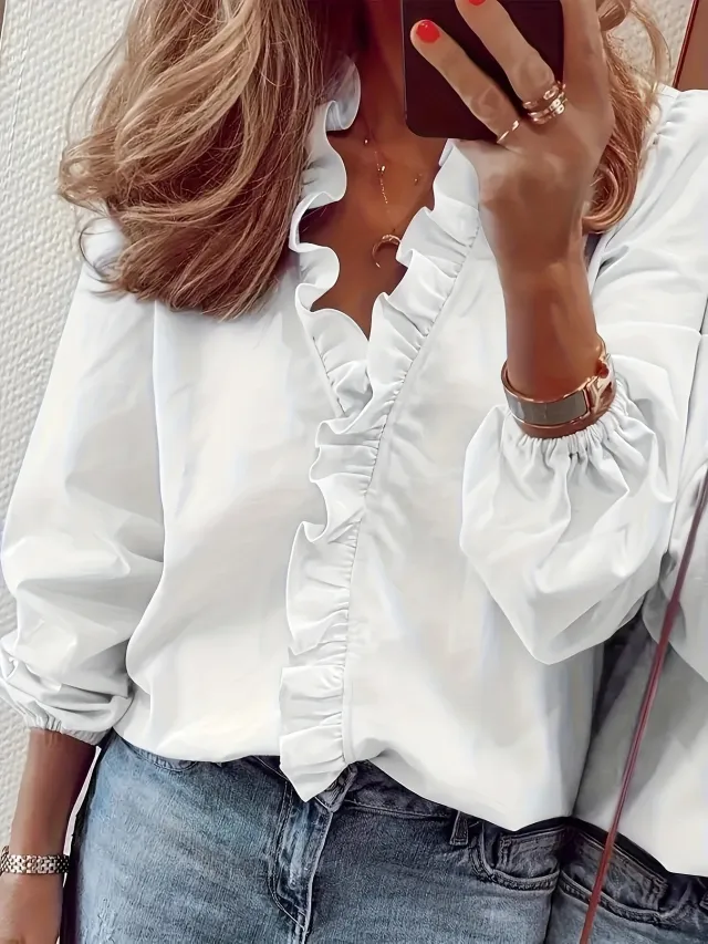 Pure Color Ruffle Hemline Shirt, Casual V neck Long Sleeve Shirt White - Shop at LoveMi