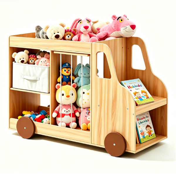 4-in-1 Kids Toy Storage Organizer With Rolling Wheels, Car Shape Wooden Bookshelf With Fabric Drawer For Playroom Nursery, Age 3- Natural — foto 8