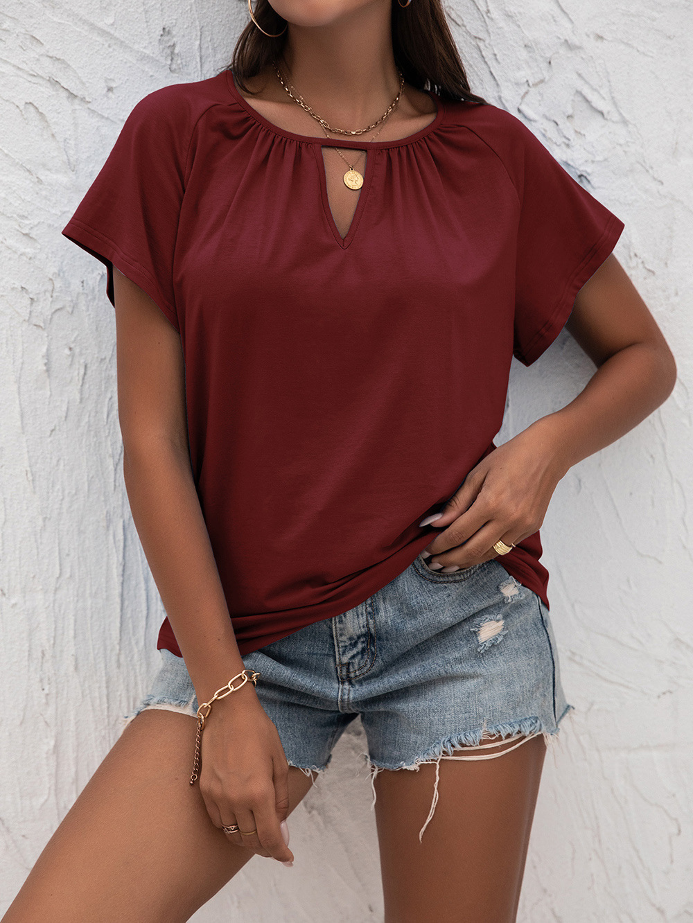 Title 4, Cutout Short Sleeve T-Shirt Crew Neck Loose Kni...