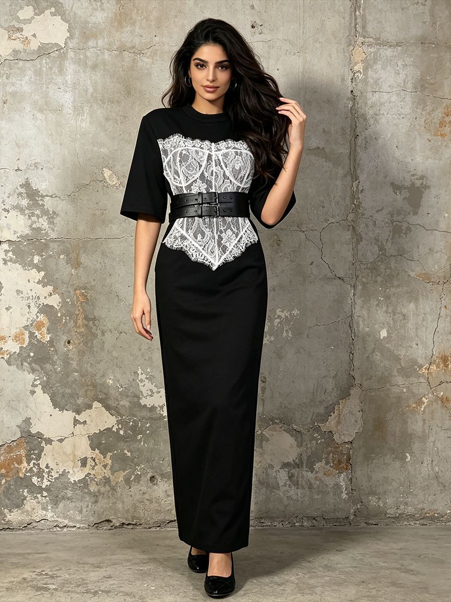 Contrast Lace Corset Panel Bodycon Midi